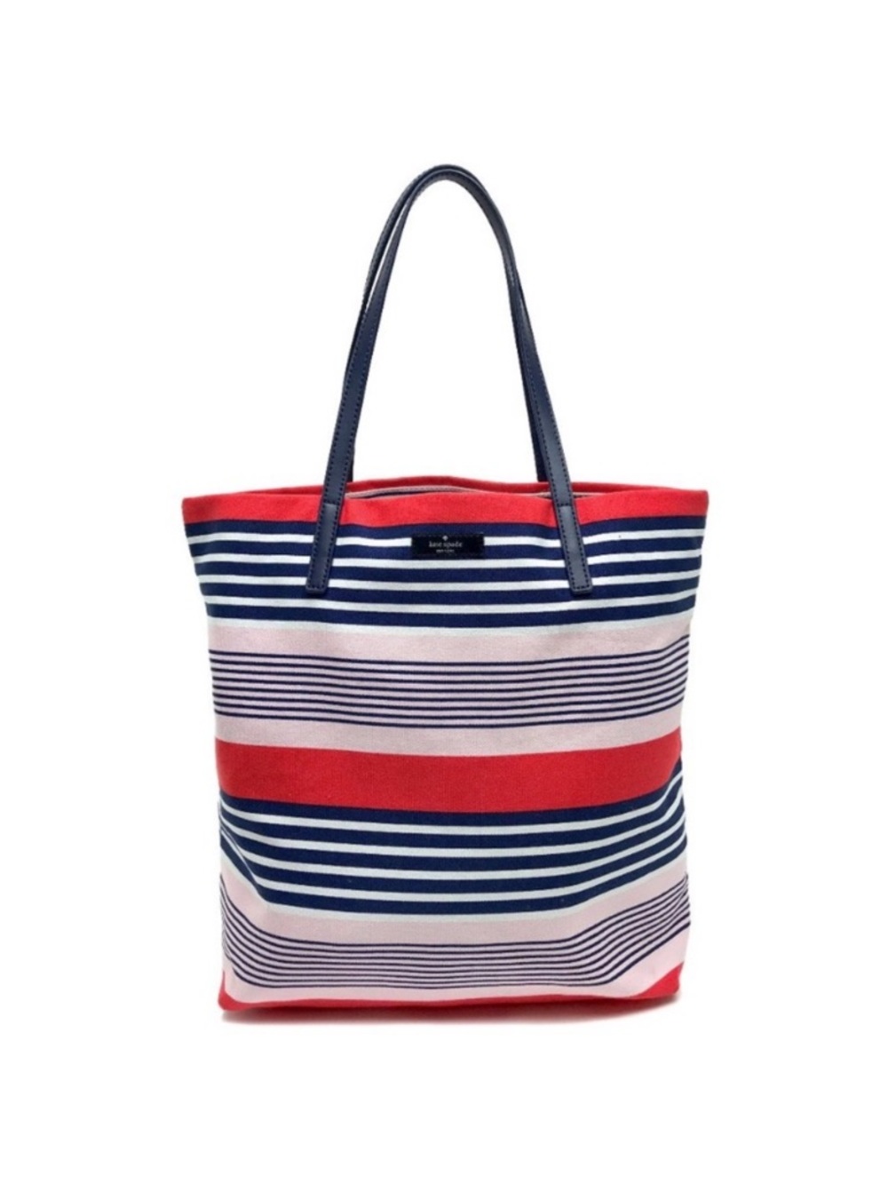 Kate Spade New York Bon Shopper Tote pink and navy blue striped pattern.